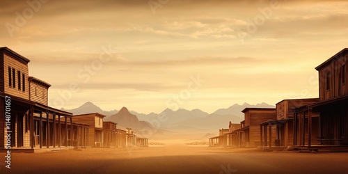 Vintage sepia photo of deserted old west town. Wooden buildings stand along dusty road. Mountains in background. Nostalgic, rustic scenery. Abandoned town evokes sense of past. Prairie landscape