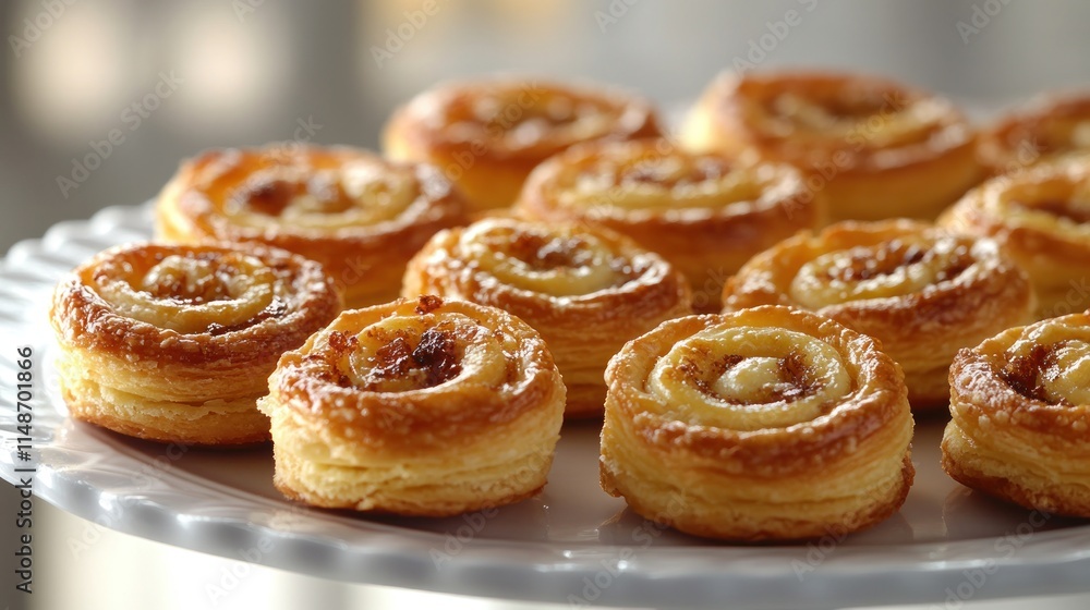Delicious puff pastry swirls with cinnamon sugar on a white plate. Delicious puff pastry swirls with cinnamon sugar on a white plate.