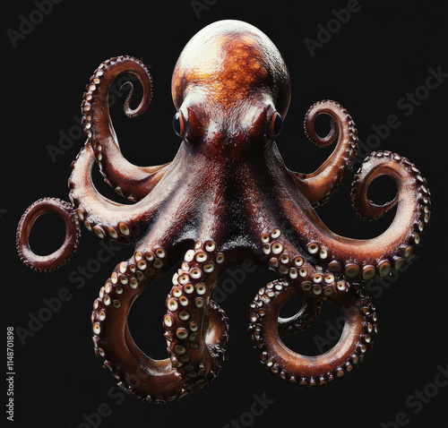 Close-up of an octopus with eight arms against a black background. photo