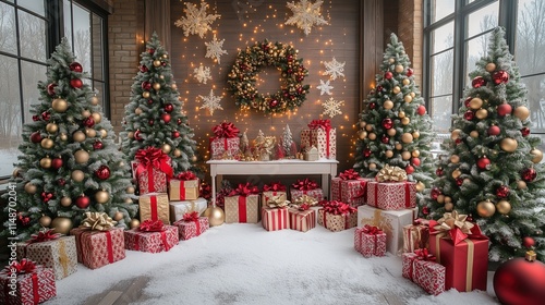 Elegant Christmas scene with festive trees, wreath, and gift boxes in snowy decor