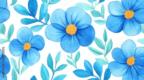 Wallpaper Mural Watercolor Blue Flowers and Leaves Seamless Pattern Torontodigital.ca