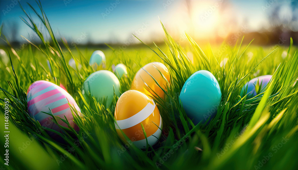 Fototapeta premium A meadow of fresh green grass with colorful Easter eggs hidden among the blades, creating a festive and playful scene, perfect for celebrating the joys of Easter in a natural setting.