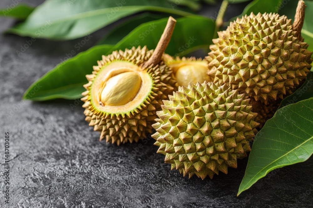 Close-up View of Fresh Durian Fruits with Spiky Skin and Green Leaves on Dark Stone Table Top Creating an Exotic and Tropical Vibe for Culinary or Nature-themed Projects Close-up View of Fresh Durian Fruits with Spiky Skin and Green Leaves on Dark Stone Table Top Creating an Exotic and Tropical Vibe for Culinary or Nature-themed Projects