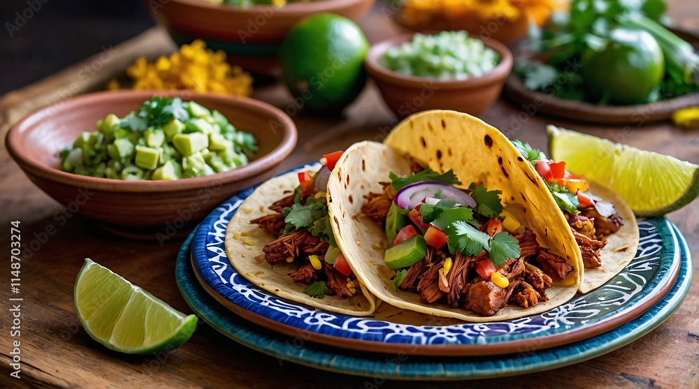 Experience the vibrant flavors of Tacos al Pastor served on a colorful platter with fresh toppings in a festive setting Experience the vibrant flavors of Tacos al Pastor served on a colorful platter with fresh toppings in a festive setting
