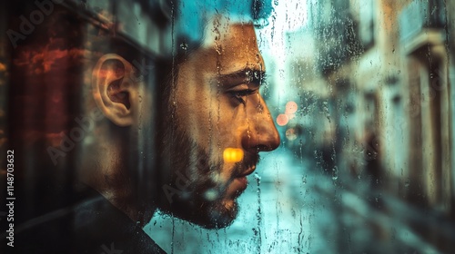 A contemplative individual gazing through a rainy window, capturing deep reflections and emotions in urban solitude.