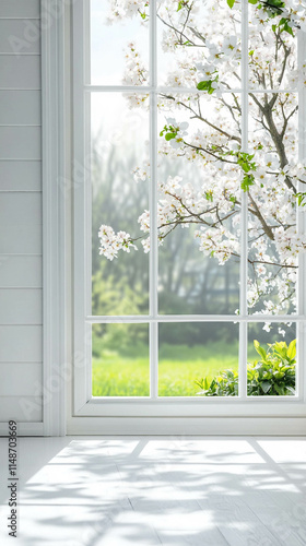 A vertical photo of a white and bright window close-up with a spring landscape view