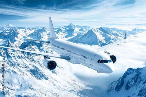 Airplane flying low over snowy mountains and preparing for landing to the airport.