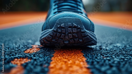 Macro view of athletic shoe sole on a sports track highlighting traction patterns