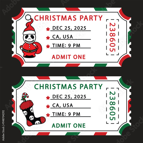Christmas set party tickets. Spooky Santa skeleton and stoking tickets for holidays. Christmas party event, admit one. Vector eps.