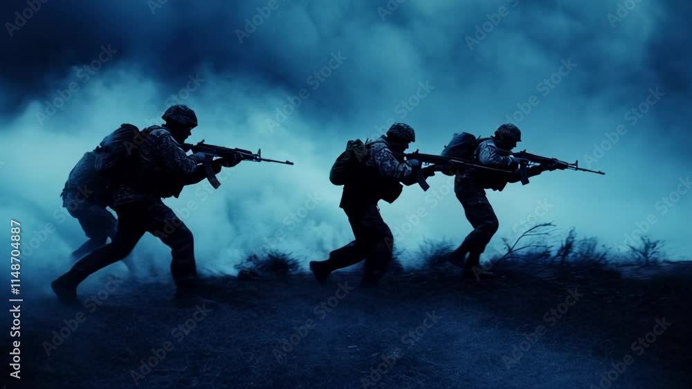 Soldiers in Tactical Formation Moving Through Smoke on a Battlefield Soldiers in Tactical Formation Moving Through Smoke on a Battlefield