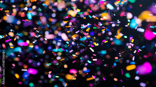 Colorful confetti falling during a vibrant celebration at night. 