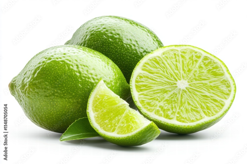 Fresh Green Limes on White Background with Whole, Halved, and Quartered Fruit Showcasing Juicy Flesh and Vibrant Color Suitable for Food Photography Fresh Green Limes on White Background with Whole, Halved, and Quartered Fruit Showcasing Juicy Flesh and Vibrant Color Suitable for Food Photography