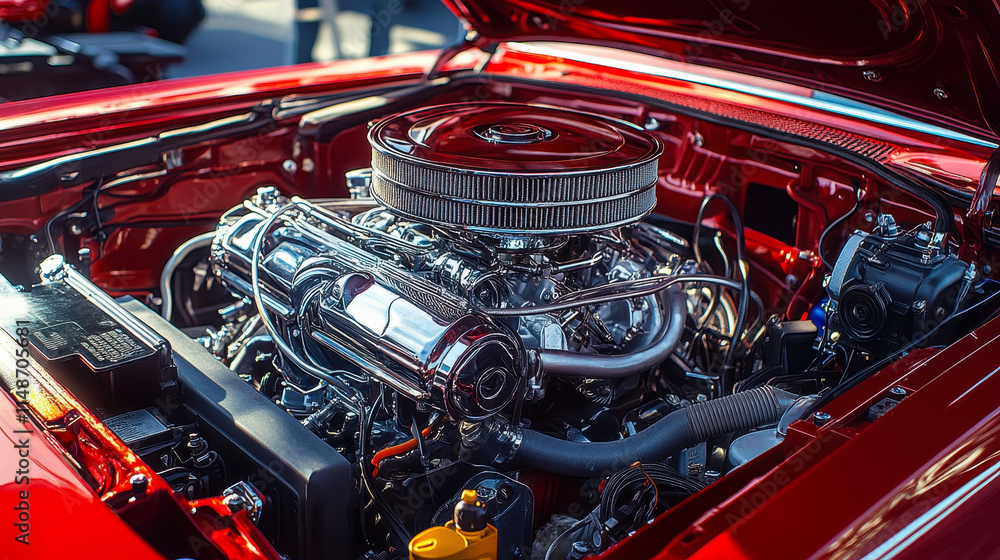 Red Classic Muscle Car V8 Engine with Chromed Air Intake and Components Red Classic Muscle Car V8 Engine with Chromed Air Intake and Components