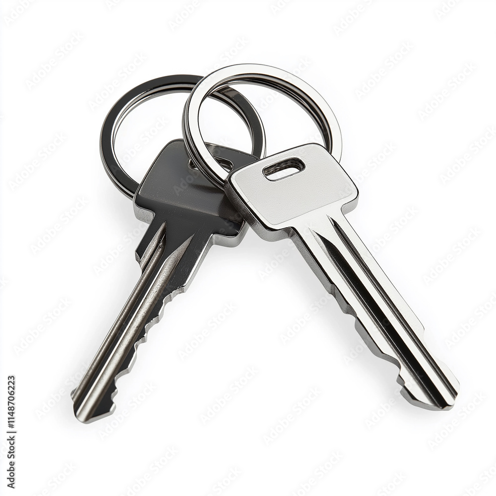 Two metal keys with key rings on white background Two metal keys with key rings on white background