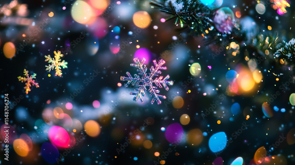 Colorful snowflakes and lights create a festive winter atmosphere at night. Colorful snowflakes and lights create a festive winter atmosphere at night.