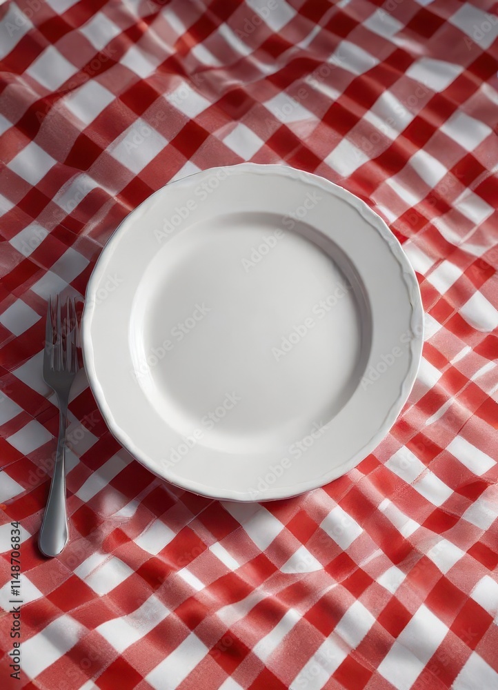 Gleaming white plate sits on red & white checkered cloth , minimalist, food Gleaming white plate sits on red & white checkered cloth , minimalist, food