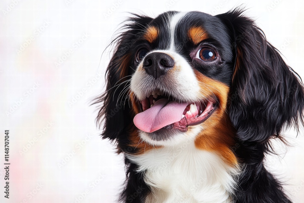 Close-up Portrait of a Happy Cavalier King Charles Spaniel with a Playful Expression and Shiny Coat Against a Soft Background Close-up Portrait of a Happy Cavalier King Charles Spaniel with a Playful Expression and Shiny Coat Against a Soft Background