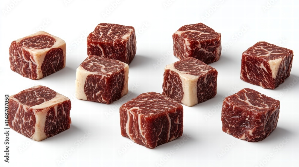 High-Quality Cuts of Raw Wagyu Beef Cubes Arranged Neatly on a White Background for Culinary Presentation and Gourmet Cooking Inspiration High-Quality Cuts of Raw Wagyu Beef Cubes Arranged Neatly on a White Background for Culinary Presentation and Gourmet Cooking Inspiration