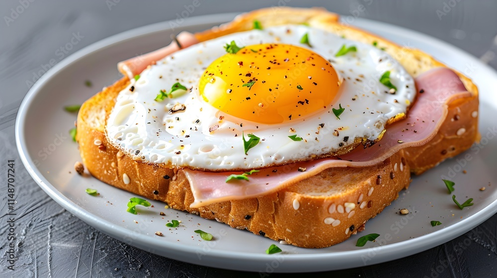 Delicious Breakfast Toast with Fried Egg and Ham on a Plate Delicious Breakfast Toast with Fried Egg and Ham on a Plate