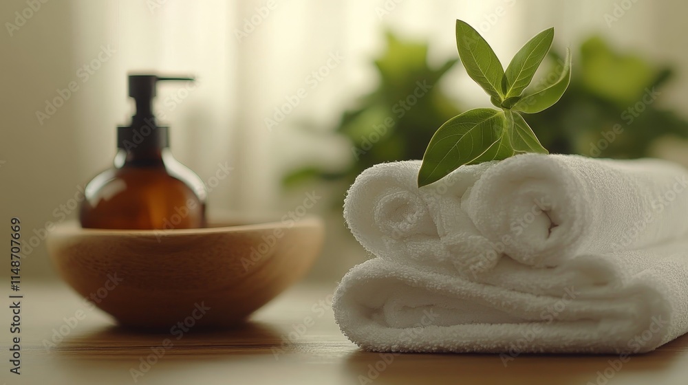 A serene spa setting with towels, a plant, and a bottle, promoting relaxation and wellness. A serene spa setting with towels, a plant, and a bottle, promoting relaxation and wellness.