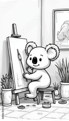 A koala bear is painting on an easel in a room photo