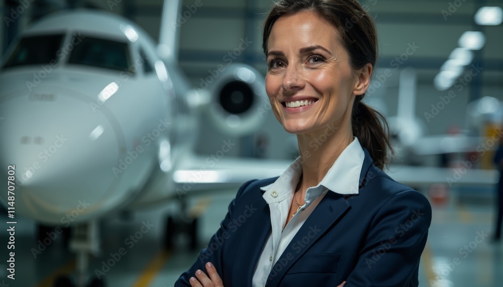 A woman standing in front of an airplane in a hangar A woman standing in front of an airplane in a hangar