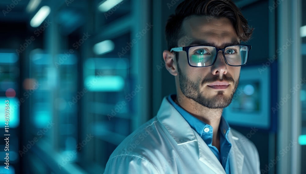 A man in a lab coat and glasses looking at the camera A man in a lab coat and glasses looking at the camera