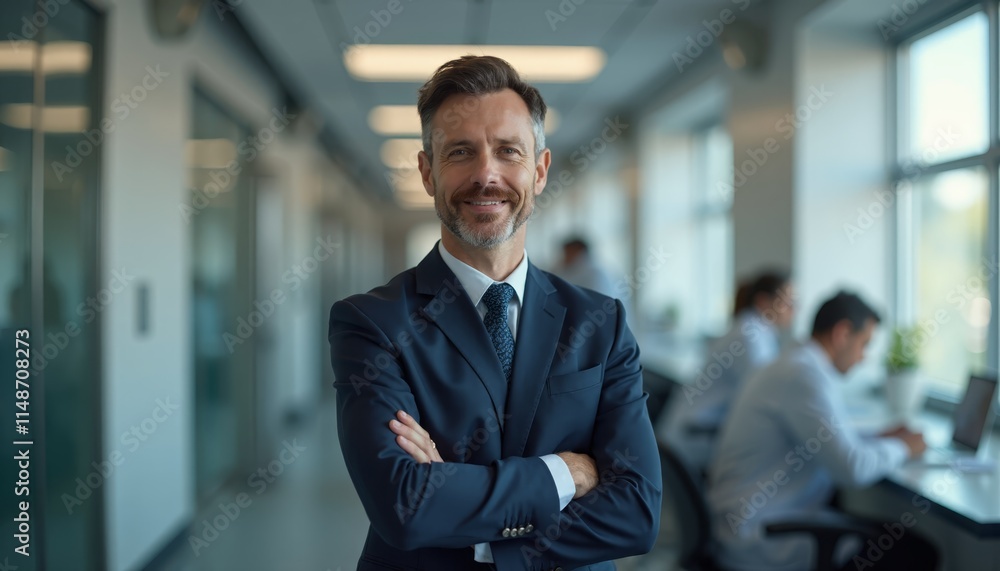 A man in a suit standing with his arms crossed in an office A man in a suit standing with his arms crossed in an office