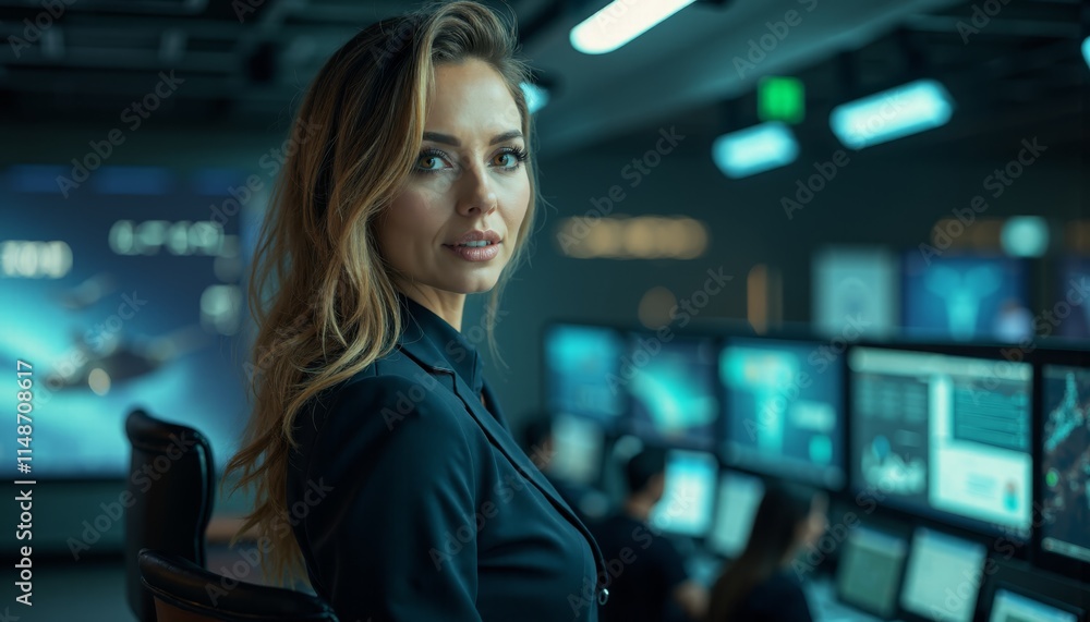 A woman sitting at a desk in front of multiple monitors A woman sitting at a desk in front of multiple monitors