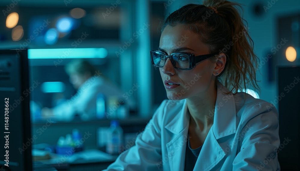 A woman in a lab coat and glasses looking at a computer screen A woman in a lab coat and glasses looking at a computer screen
