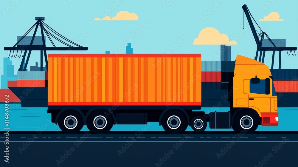 A colorful illustration of a truck with a shipping container, docked near a port with cranes and cargo ships in the background. A colorful illustration of a truck with a shipping container, docked near a port with cranes and cargo ships in the background.