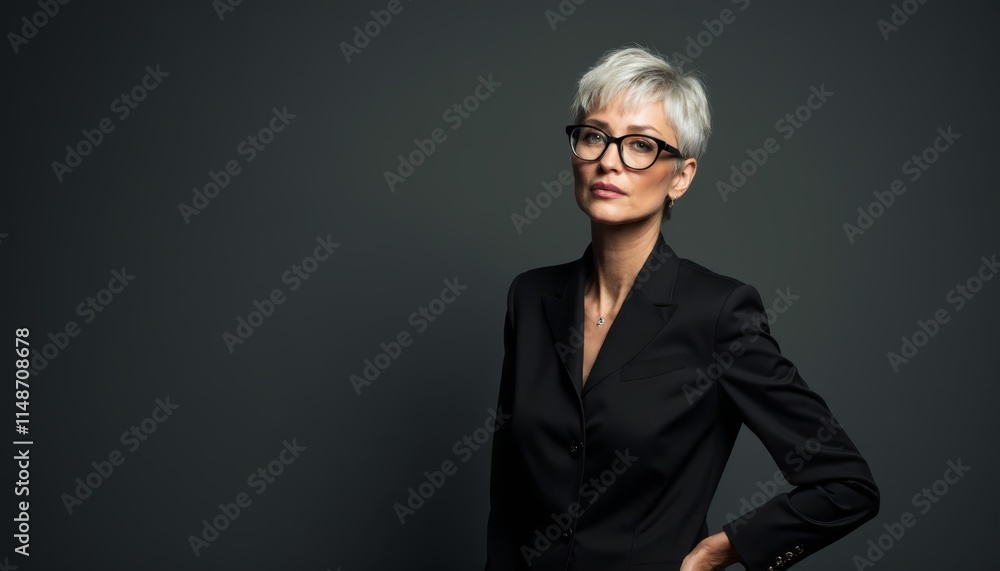 A woman in a black suit and glasses posing for a picture A woman in a black suit and glasses posing for a picture