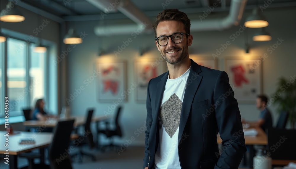 A man in a suit and tie standing in an office A man in a suit and tie standing in an office