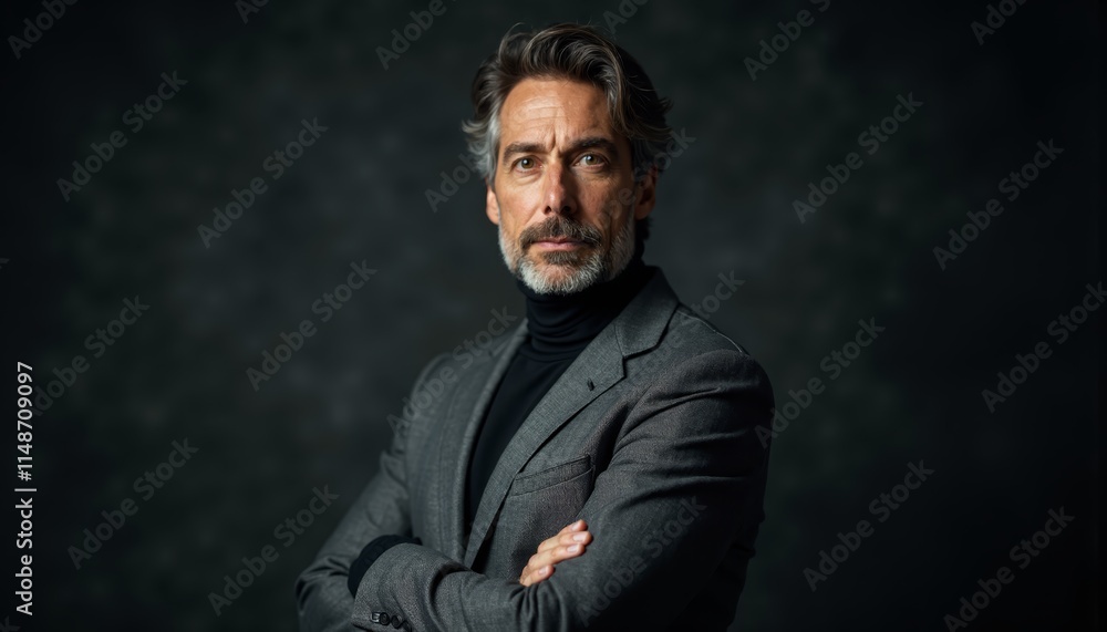 A man in a gray suit with his arms crossed A man in a gray suit with his arms crossed