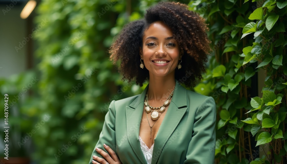 A woman in a green blazer smiles at the camera A woman in a green blazer smiles at the camera