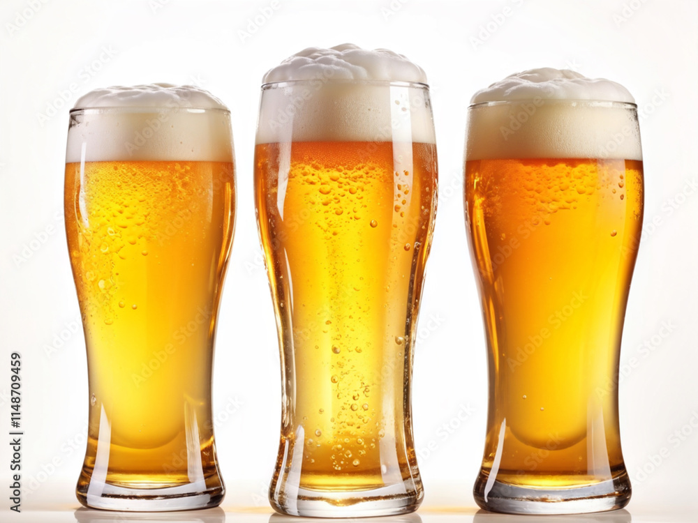 Beautifully arranged is beers on white background. Glasses of chilled golden beers isolated empty on white background. Party Beers. Mockup for drink. Beautifully arranged is beers on white background. Glasses of chilled golden beers isolated empty on white background. Party Beers. Mockup for drink.