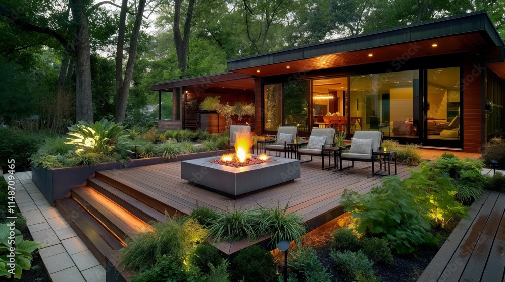 Modern wooden house with solar panels on the roof and a large deck with patio furniture. Modern wooden house with solar panels on the roof and a large deck with patio furniture.