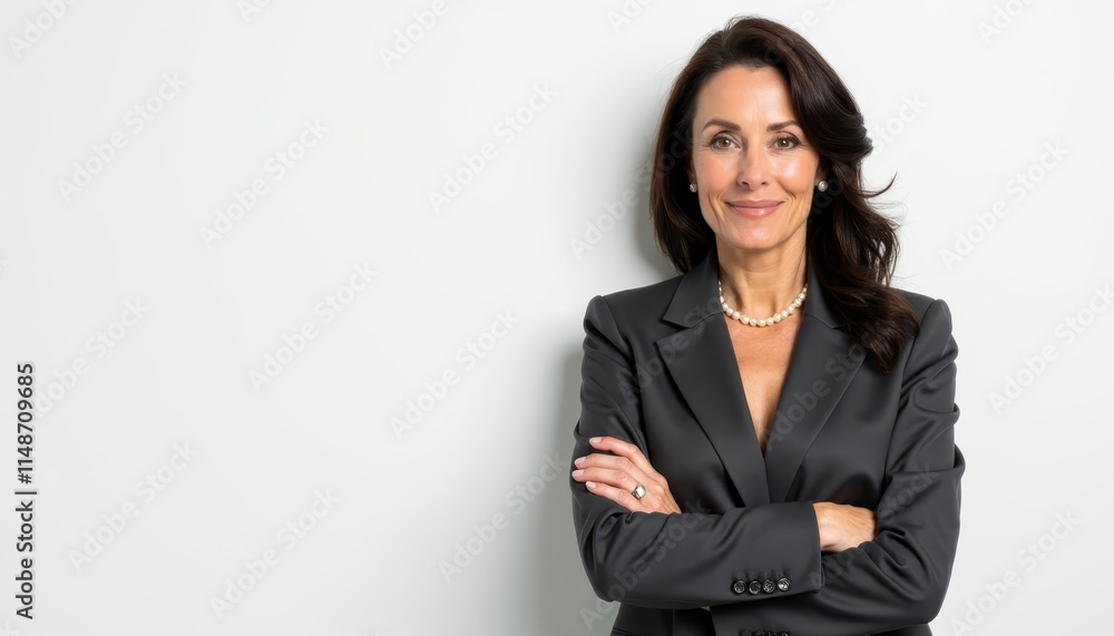 A woman in a business suit with her arms crossed A woman in a business suit with her arms crossed