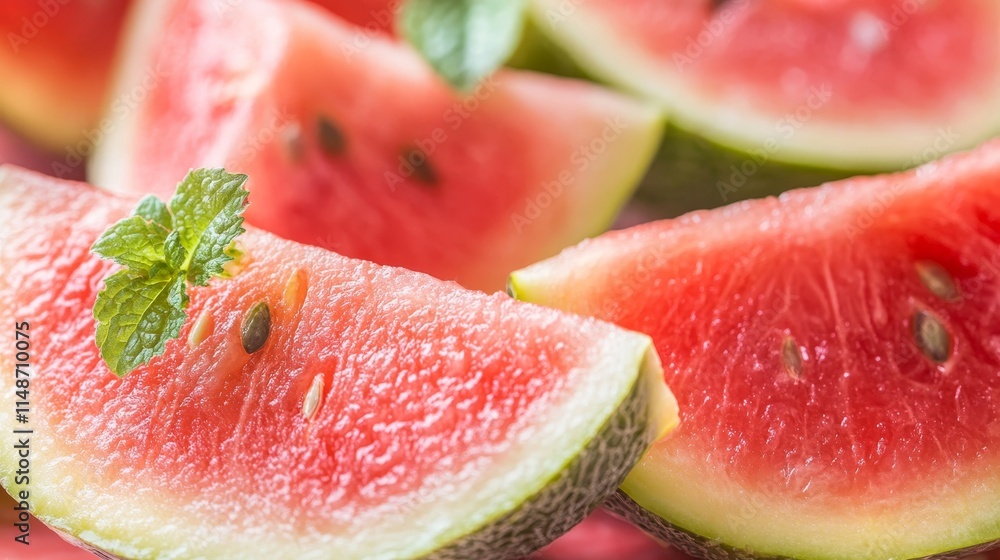 Fresh watermelon slices garnished with mint leaves, showcasing vibrant colors and textures. Fresh watermelon slices garnished with mint leaves, showcasing vibrant colors and textures.