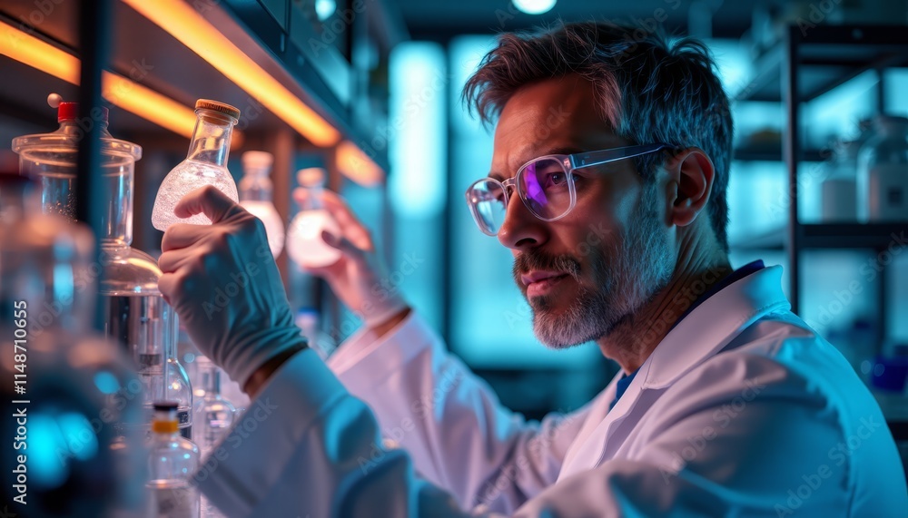A man in a lab coat and glasses holding a beaker of liquid A man in a lab coat and glasses holding a beaker of liquid