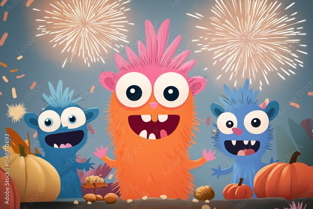 Fototapeta premium Whimsical creatures celebrate with fireworks. Excited furry creatures enjoy festive celebration with colorful fireworks. Pumpkins, nuts add to autumnal theme. Joyous, vibrant scene filled with
