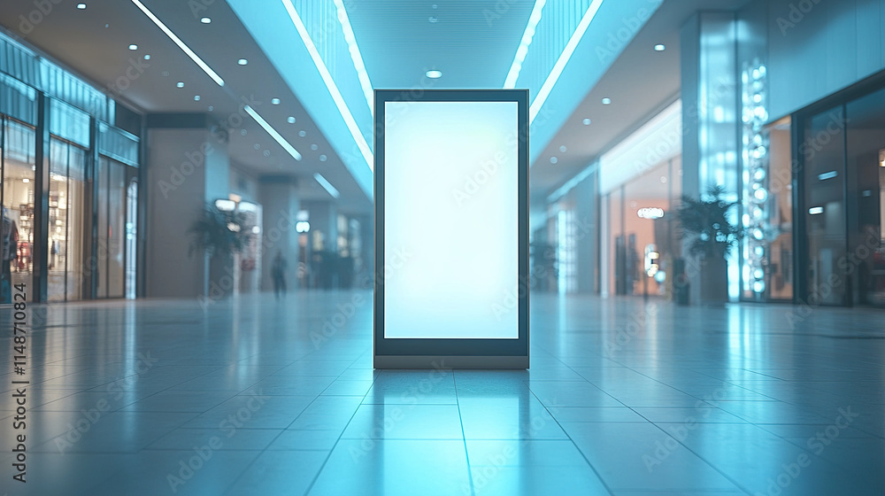 Obraz premium Empty shopping mall corridor with illuminated signage and modern architecture during the evening hours