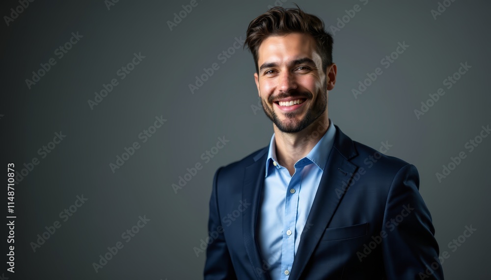 A man in a blue suit smiling at the camera A man in a blue suit smiling at the camera