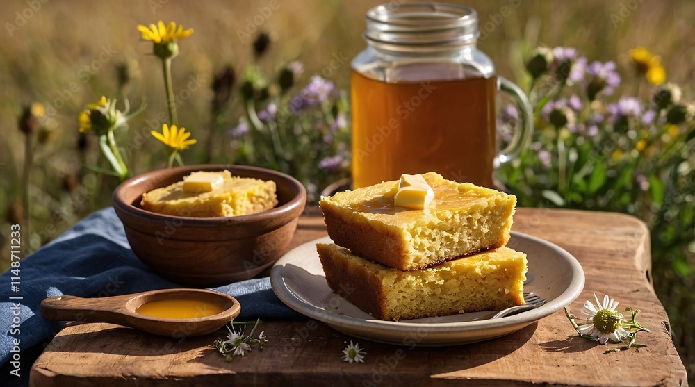 Warm cornbread served outdoors with honey and butter, a delightful moment in nature's tranquility