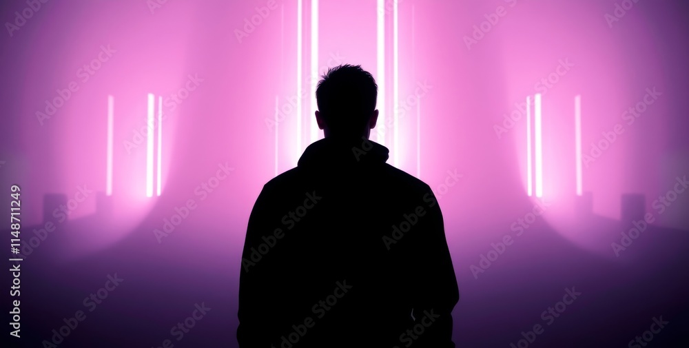A man stands in a dark room with neon lights. The room is dimly lit and the man is the only visible figure. Scene is mysterious and eerie, as the man is the only one present in the room A man stands in a dark room with neon lights. The room is dimly lit and the man is the only visible figure. Scene is mysterious and eerie, as the man is the only one present in the room