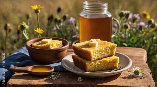 Obraz na płótnie Warm cornbread served outdoors with honey and butter, a delightful moment in nature's tranquility w salonie