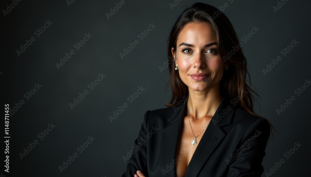 A woman in a black suit posing for a picture A woman in a black suit posing for a picture