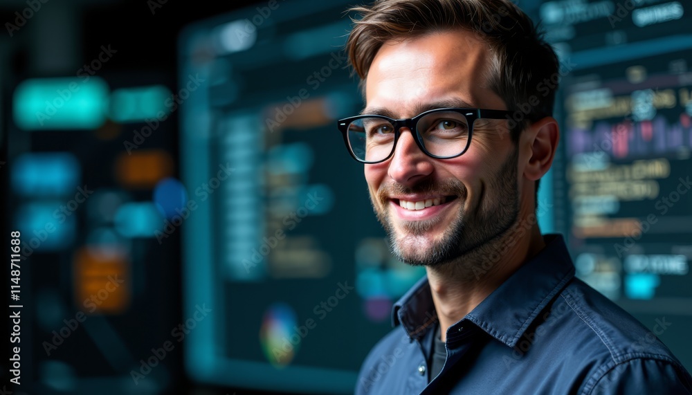 A man wearing glasses standing in front of a computer screen A man wearing glasses standing in front of a computer screen
