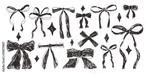 Crayon bow, ribbon set with sparkles. Chalk drawing y2k bands. Black coquette aesthetic bowknots. Vector illustration isolated on white background.
