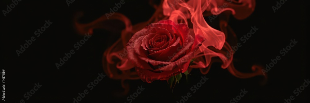 Naklejka premium Single red rose engulfed in swirling red smoke against a stark black background, romantic,element,red rose